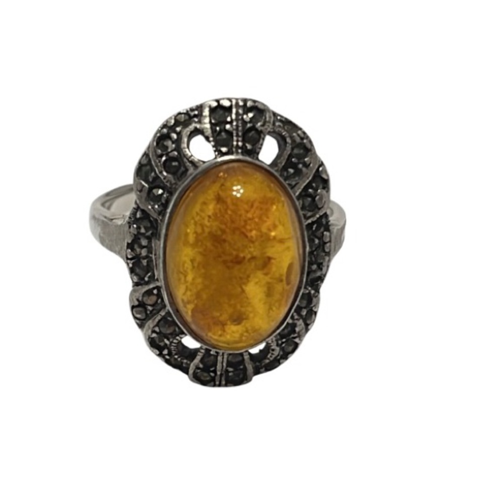 Amber and Marcasite Ring set in Sterling Silver. Size 8.5. Pre Owned